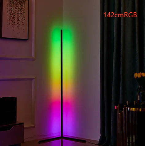 RGB LED floor lamp with flowing color effects and smart remote control in modern living room