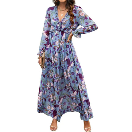 Women’s V-neck Loose Printed Long Sleeve Dress – Floral & Ruffle Design
