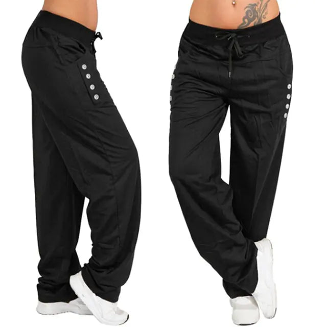 Women wearing loose casual jogger pants in black, gray, and navy colors, lightweight spring and autumn athleisure trousers