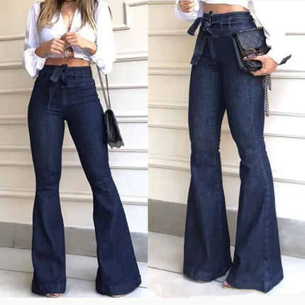 Women’s High Waist Hip Lift Lace-Up Flare Wide Leg Jeans – Blue & Black