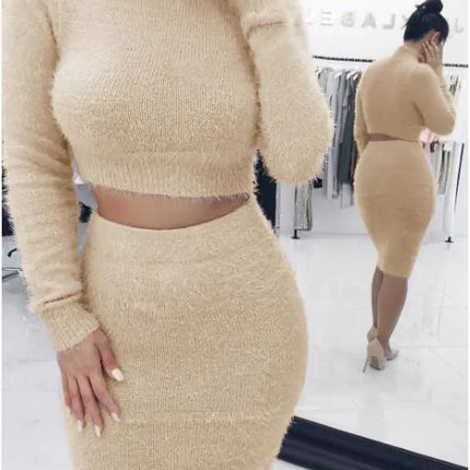 Chic Long Sleeve Women’s Sweater Set – Elegant Lotus Collar & Pencil Skirt