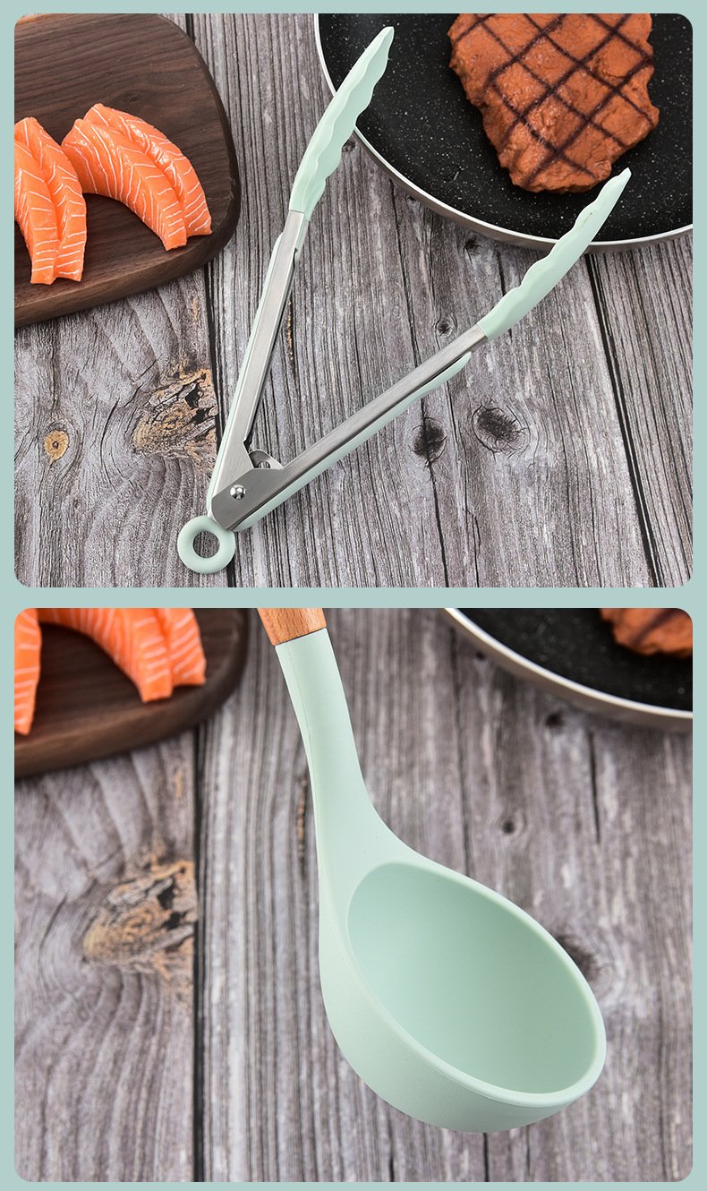Ensemble d'ustensiles de cuisine antiadhésifs en silicone, 12 pièces, avec poignées en bois, résistants à la chaleur et lavables au lave-vaisselle