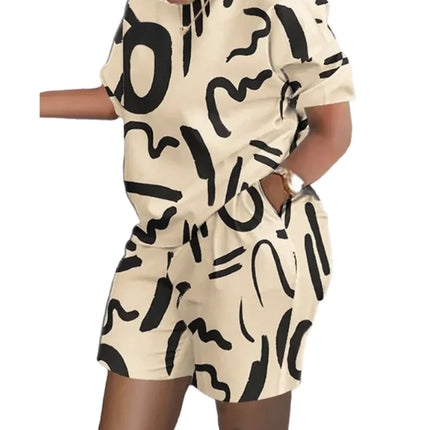 Women’s Printed Two-Piece Commuter Set – Short-Sleeve Top & Matching Shorts
