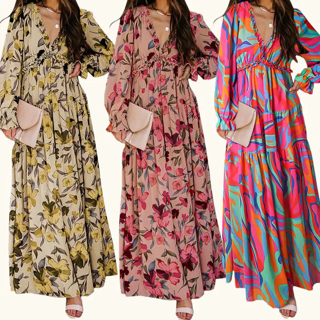 Women’s V-neck Loose Printed Long Sleeve Dress – Floral & Ruffle Design