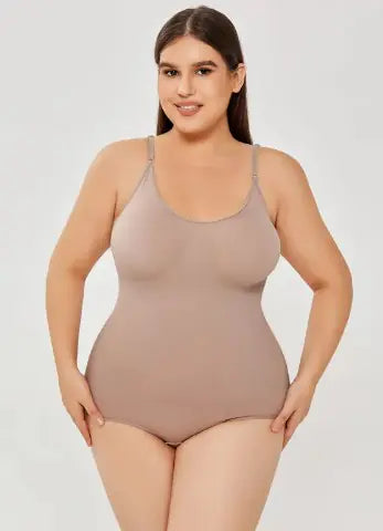 Invisible seamless body shaper worn under fitted dress

Stretchy breathable shapewear bodysuit fabric detail

Adjustable strap tummy control bodysuit for women