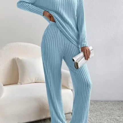 Women’s Autumn Ribbed Knit Lounge Set – Cozy V-Neck Sweater & Pants