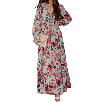 Women’s V-neck Loose Printed Long Sleeve Dress – Floral & Ruffle Design