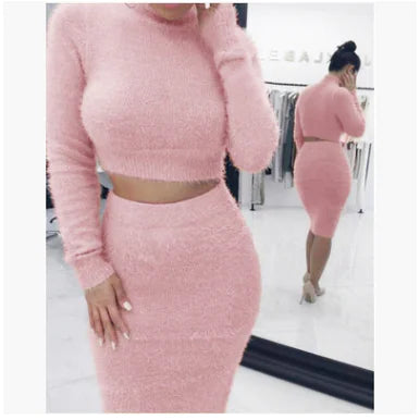 Chic Long Sleeve Women’s Sweater Set – Elegant Lotus Collar & Pencil Skirt