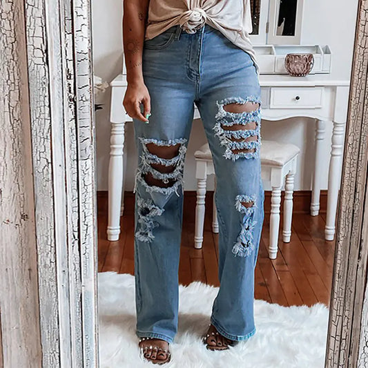 Distressed Straight-Leg Jeans for Women – Washed Cotton Denim | 30% Off + Free Global Shipping