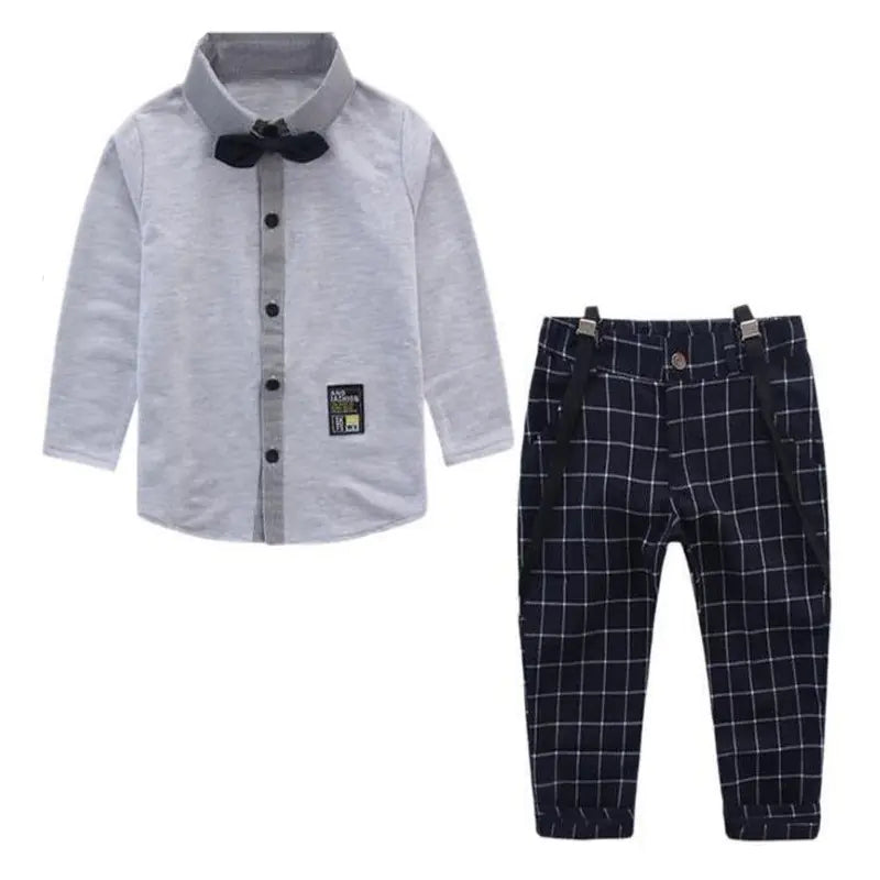 Boys’ Formal Outfit with Cotton Shirt & Suspender Pants – British Style Bow Tie Set