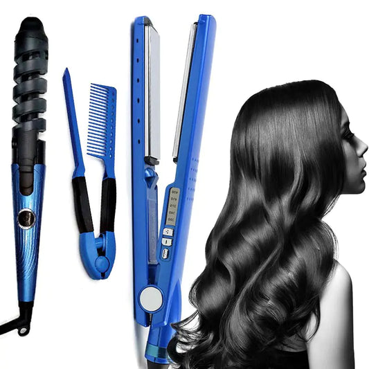 3-in-1 Hair Curling Wand, Straightener & Comb Set – Tourmaline Ceramic Styling Tool (Blue)