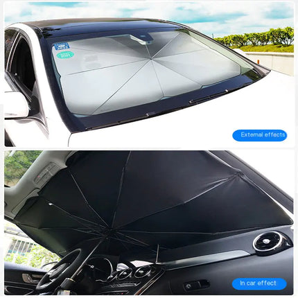 “Car Windshield Sunshade Umbrella – Folding UV Heat Shield with Leather Case”