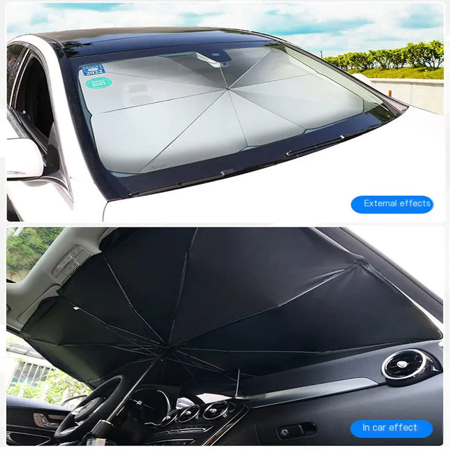 “Car Windshield Sunshade Umbrella – Folding UV Heat Shield with Leather Case”