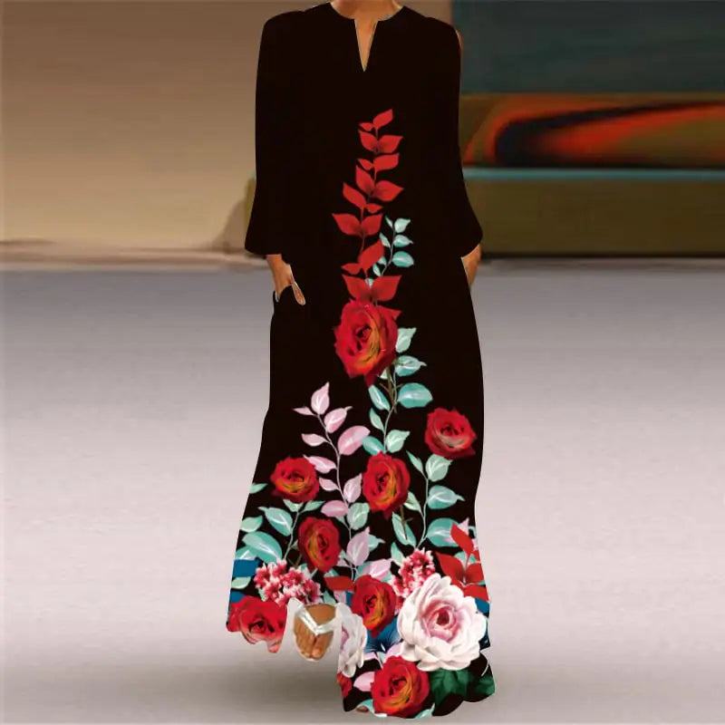 Women’s V-neck Long Sleeve Printed Loose Dress with Pockets
