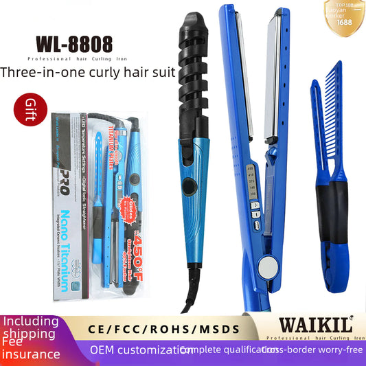 3-in-1 Hair Curling Wand, Straightener & Comb Set – Tourmaline Ceramic Styling Tool (Blue)