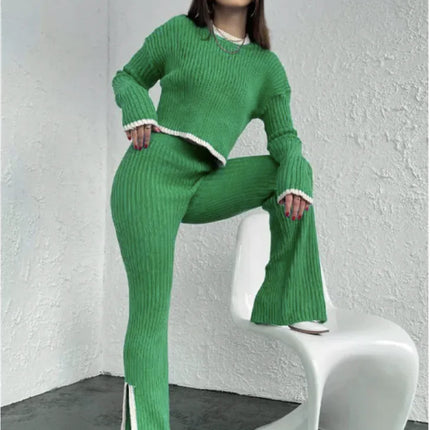 Women’s Color Block Knitted Two-Piece Set – Top & Trousers