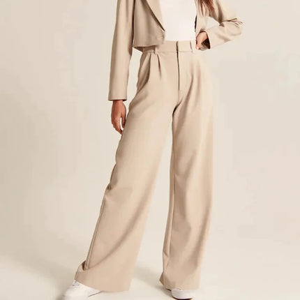 Women’s Two-Piece Suit Set – High-Waisted Wide-Leg Pants with Belt
