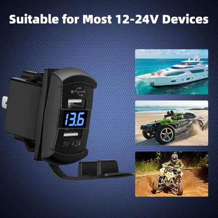 Dual USB Charger Socket with LED Voltmeter & Rocker Switch Panel – Car & Boat Power Adapter