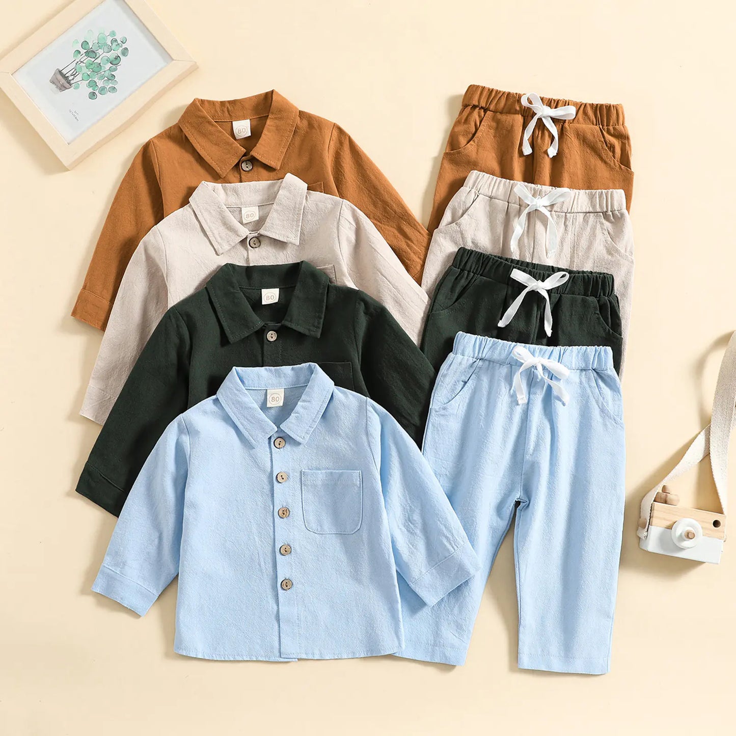 Boys' Cotton Linen Standing Collar 2-Piece Outfit – Casual Long Sleeve Shirt & Pants Set