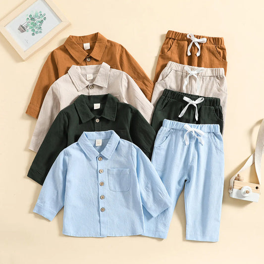 Boys' Cotton Linen Standing Collar 2-Piece Outfit – Casual Long Sleeve Shirt & Pants Set