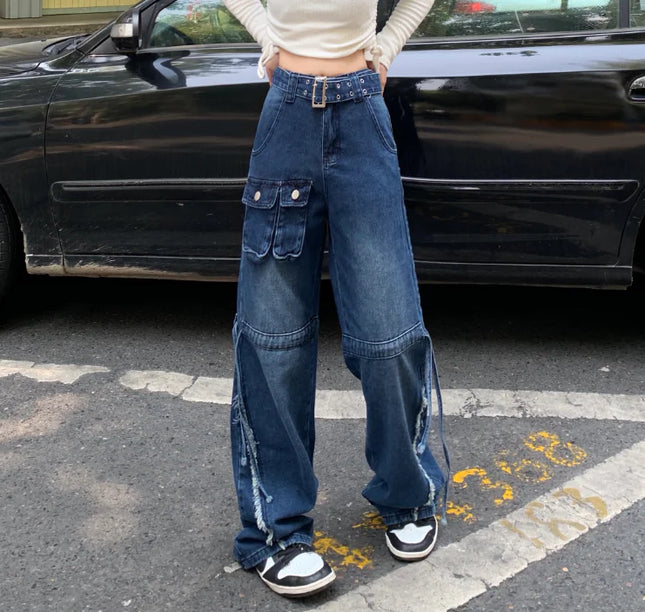 Vintage High Waist Loose Fit Wide Leg Jeans – Blue & White Blue | Gift for her