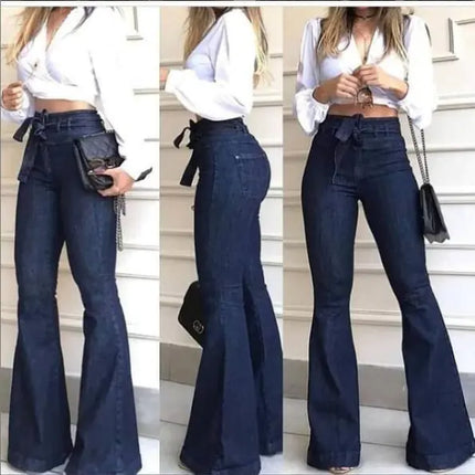 Women’s High Waist Hip Lift Lace-Up Flare Wide Leg Jeans – Blue & Black