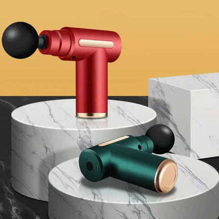 Red and green handheld massage guns with black heads, sleek design for muscle relief