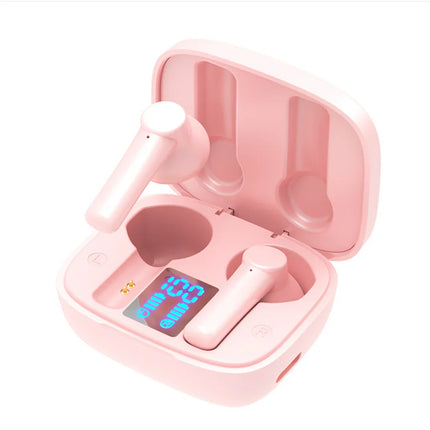 Pink wireless earbuds with LED battery display in charging case, sleek design for music and calls
