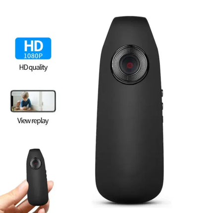 Compact black HD 1080P mini camera with view replay, portable design for discreet recording