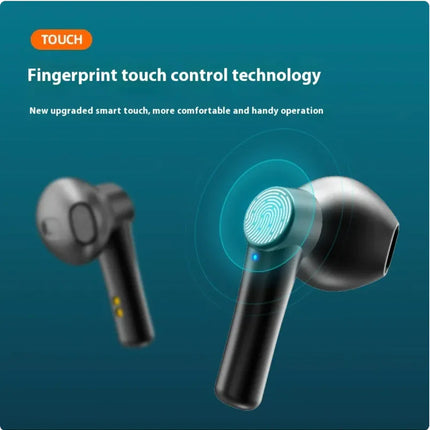 Black wireless earbuds with fingerprint touch control, sleek design, blue LED indicator, smart touch operation