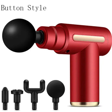 Red handheld massage gun with black attachments, button style design for muscle relief