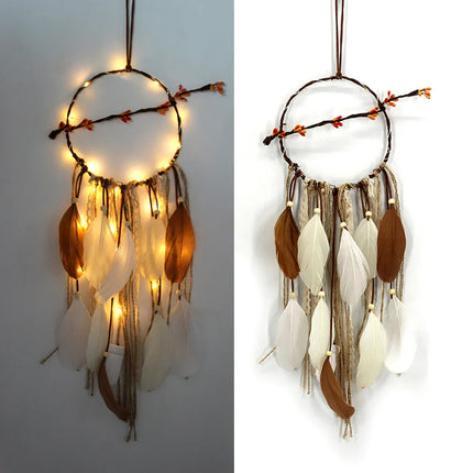 Boho dreamcatcher with warm LED lights, white & brown feathers, rustic branch design for wall decor