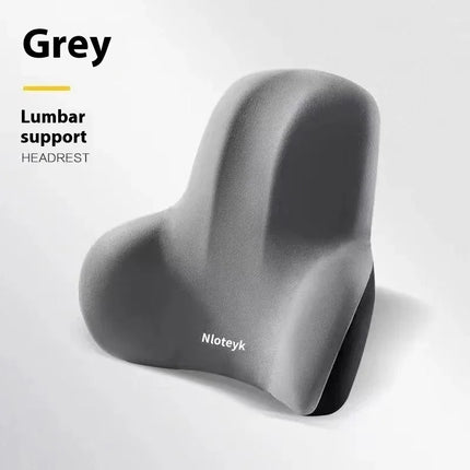 Grey ergonomic lumbar support cushion with headrest, Nloteyk brand, for office chair back pain relief