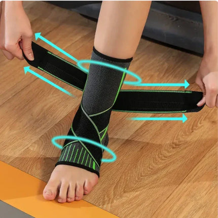Black and green ankle support brace with adjustable straps for stability and comfort