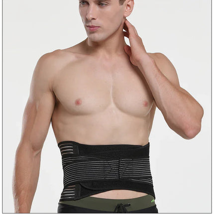 Black breathable back support belt with adjustable straps for lumbar pain relief and posture correction