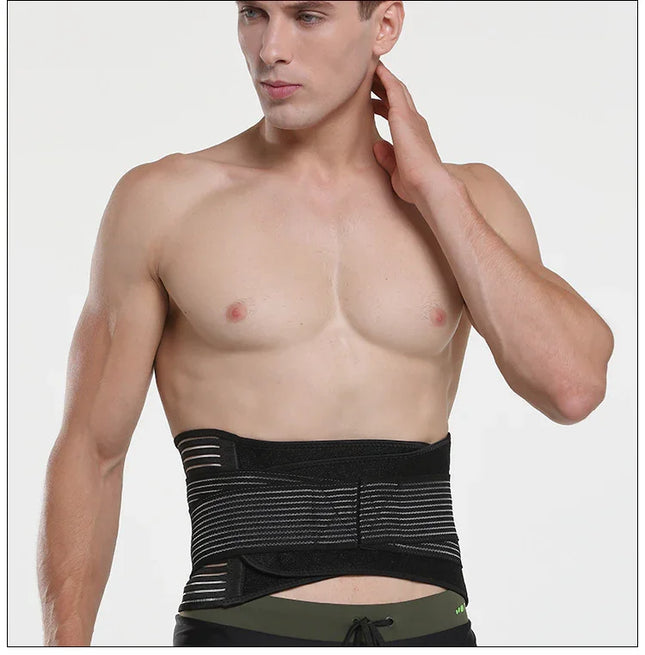 Black breathable back support belt with adjustable straps for lumbar pain relief and posture correction
