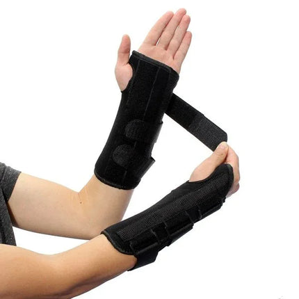 Black wrist brace support with adjustable straps for carpal tunnel or sprain recovery, shown on hands