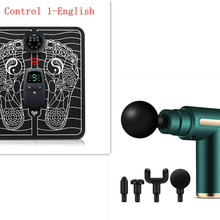 Teal massage gun with black attachments and foot massager pad, wireless remote control, wellness device