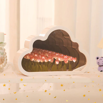 Cloud-shaped LED night light with pink tulips, perfect for cozy bedroom decor and ambient lighting.