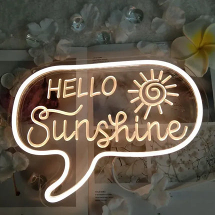 Hello Sunshine neon sign in warm white, speech bubble design with sun icon, ideal for home decor