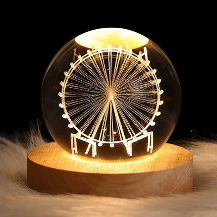 Glowing Ferris wheel 3D crystal night light on wooden base, warm white LED decor for bedroom or desk
