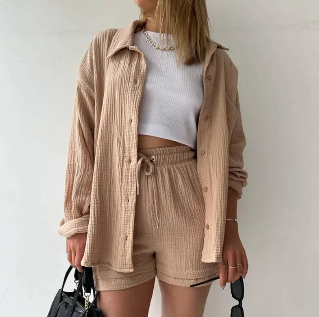 Women’s Long Sleeve Commuter Two-Piece Set – Lapel Shirt & High-Waist Shorts
