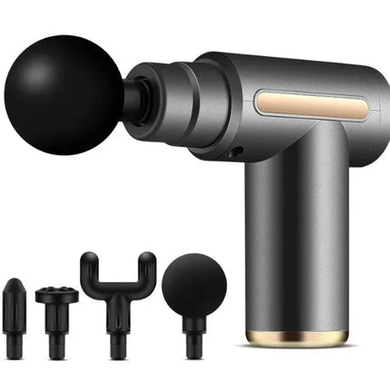 Black and gold handheld massage gun with 4 interchangeable heads for muscle recovery and relaxation