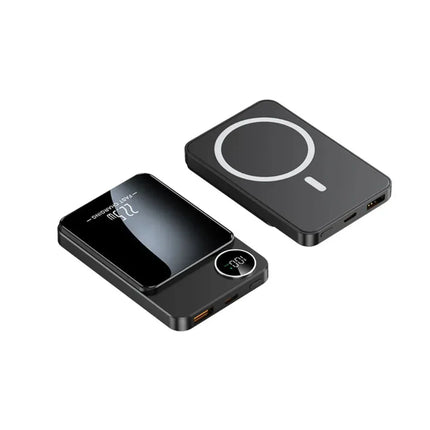 Black 22.5W fast wireless power bank with LED display, USB-C & USB-A ports, sleek design