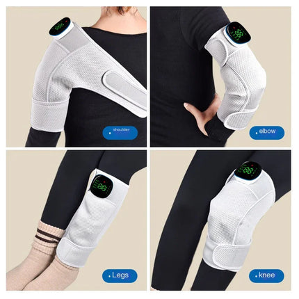 White heated compression wrap for shoulder, elbow, knee, and leg support with digital control display