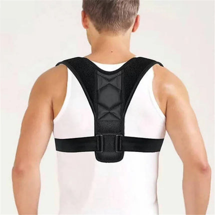 Black posture corrector brace with adjustable straps and breathable mesh design for back support