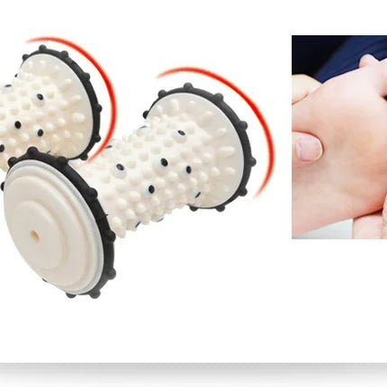 White and black dual roller foot massager with textured spikes for relaxation and muscle relief