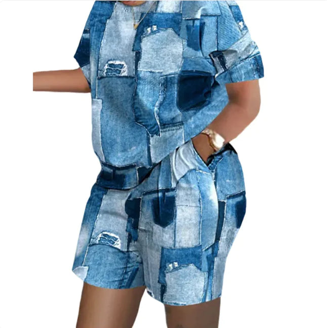 Women’s Printed Two-Piece Commuter Set – Short-Sleeve Top & Matching Shorts