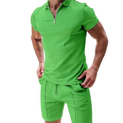 Men’s Waffle Knit Polo Shirt & Drawstring Shorts Set – Stylish Casual Summer Outfit