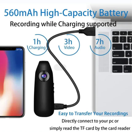 Black 560mAh portable voice recorder with USB cable, records audio/video, charges while recording, transfers via PC or TF card